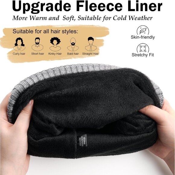 Elegant Grey Winter Beanie - Fleece Lined Knitted Skull Cap for All-Day Comfort - Picture 2 of 6
